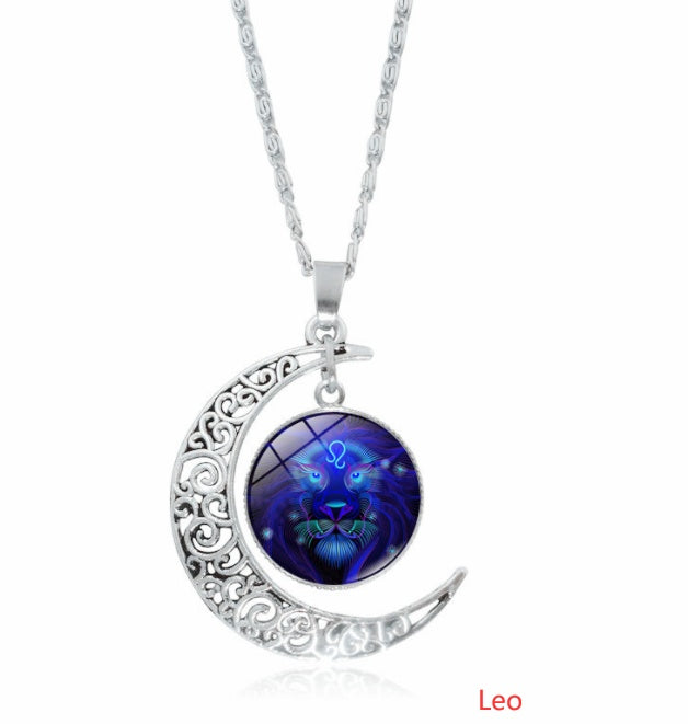 12 constellation time gemstone half moon pendant necklace twelve zodiac European and American jewelry