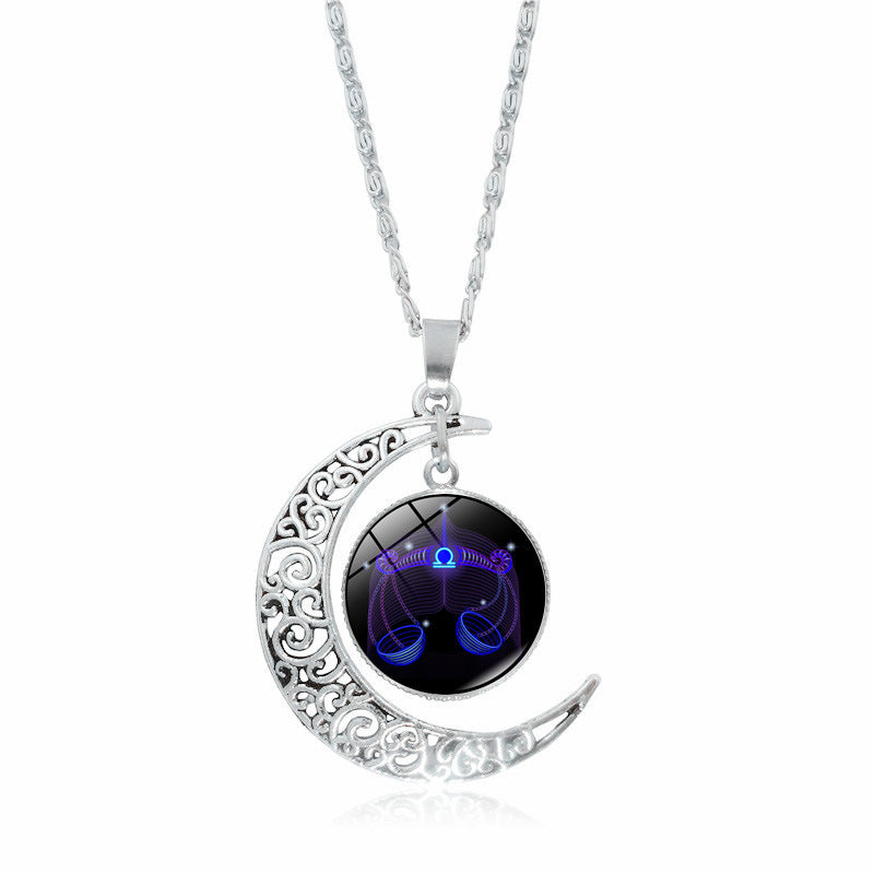 12 constellation time gemstone half moon pendant necklace twelve zodiac European and American jewelry