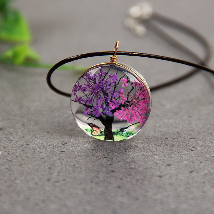 Dried Flower Plant Life Tree Necklace Time Gemstone Glass Pendant Jewelry