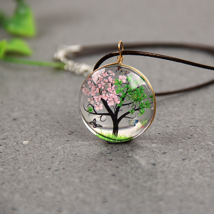 Dried Flower Plant Life Tree Necklace Time Gemstone Glass Pendant Jewelry