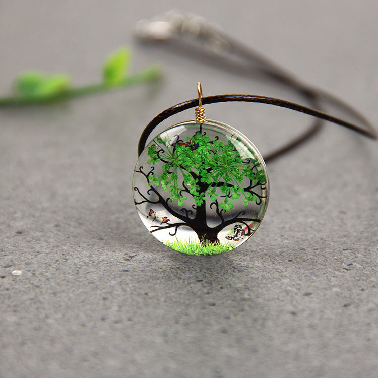 Dried Flower Plant Life Tree Necklace Time Gemstone Glass Pendant Jewelry