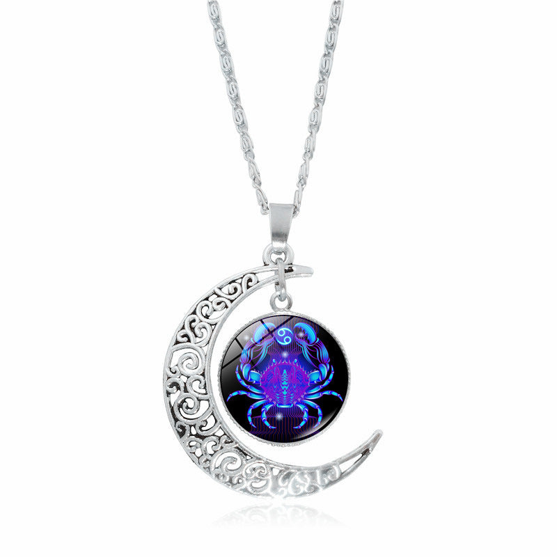 12 constellation time gemstone half moon pendant necklace twelve zodiac European and American jewelry