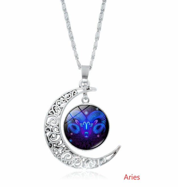 12 constellation time gemstone half moon pendant necklace twelve zodiac European and American jewelry