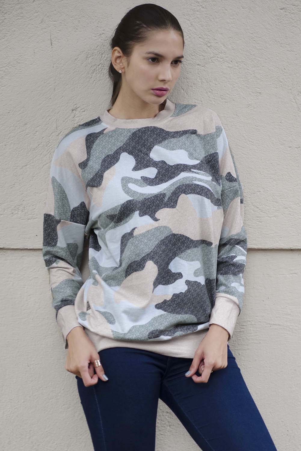 Fashion Khaki Green Digital Camo Print Sweatshirt