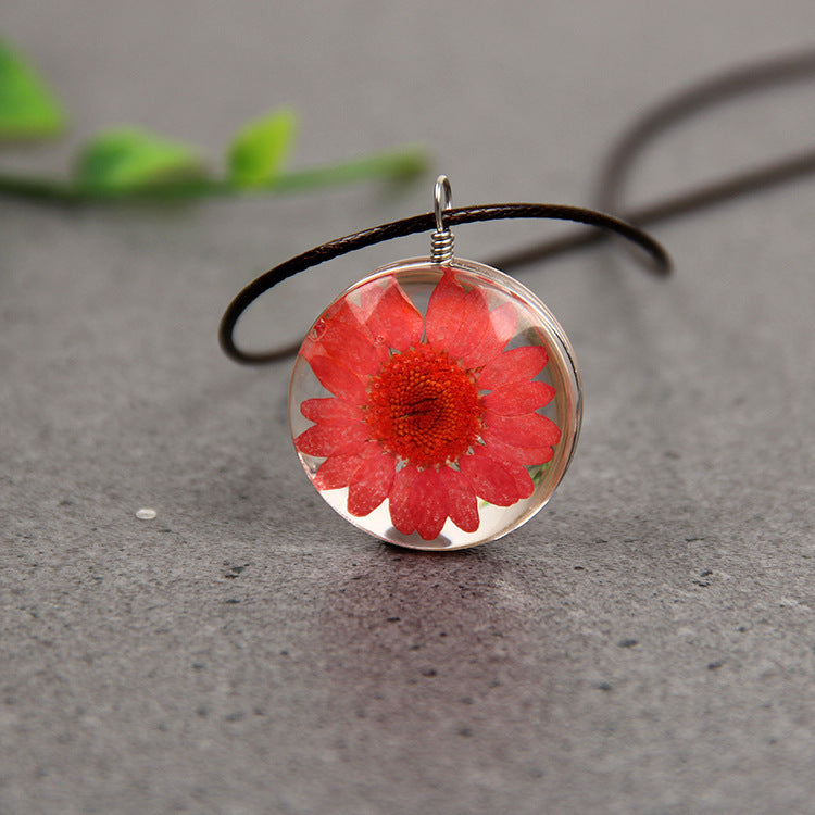 Dried Flower Plant Life Tree Necklace Time Gemstone Glass Pendant Jewelry