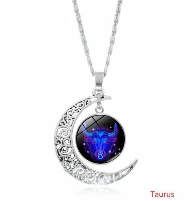 12 constellation time gemstone half moon pendant necklace twelve zodiac European and American jewelry