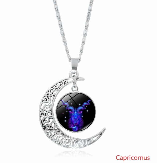 12 constellation time gemstone half moon pendant necklace twelve zodiac European and American jewelry