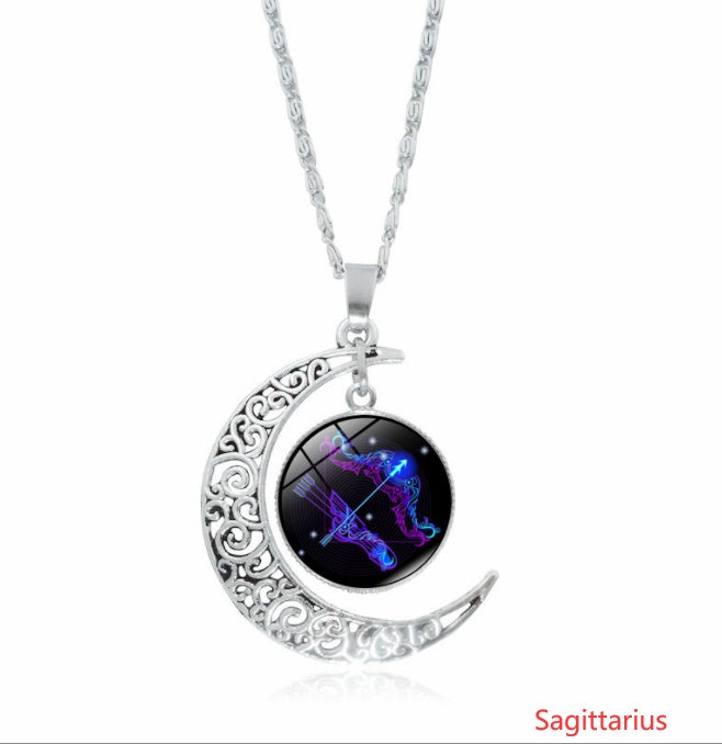 12 constellation time gemstone half moon pendant necklace twelve zodiac European and American jewelry