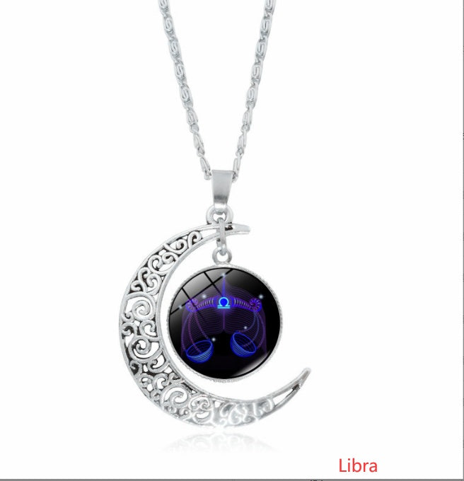 12 constellation time gemstone half moon pendant necklace twelve zodiac European and American jewelry