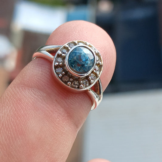 Natural Blue Zircon Ring, Sterling Silver Cocktail Ring, oval Cut Blue