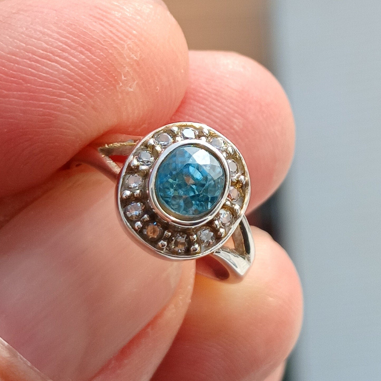 Natural Blue Zircon Ring, Sterling Silver Cocktail Ring, oval Cut Blue