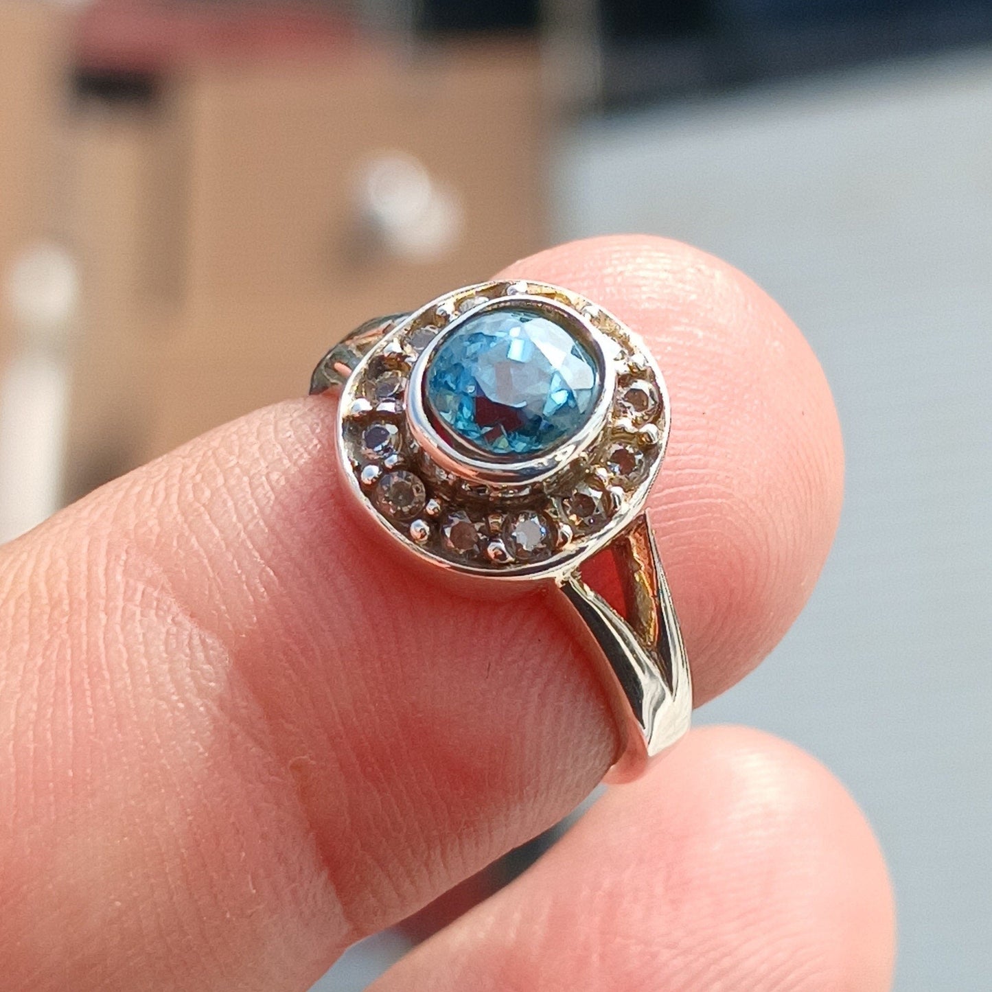 Natural Blue Zircon Ring, Sterling Silver Cocktail Ring, oval Cut Blue