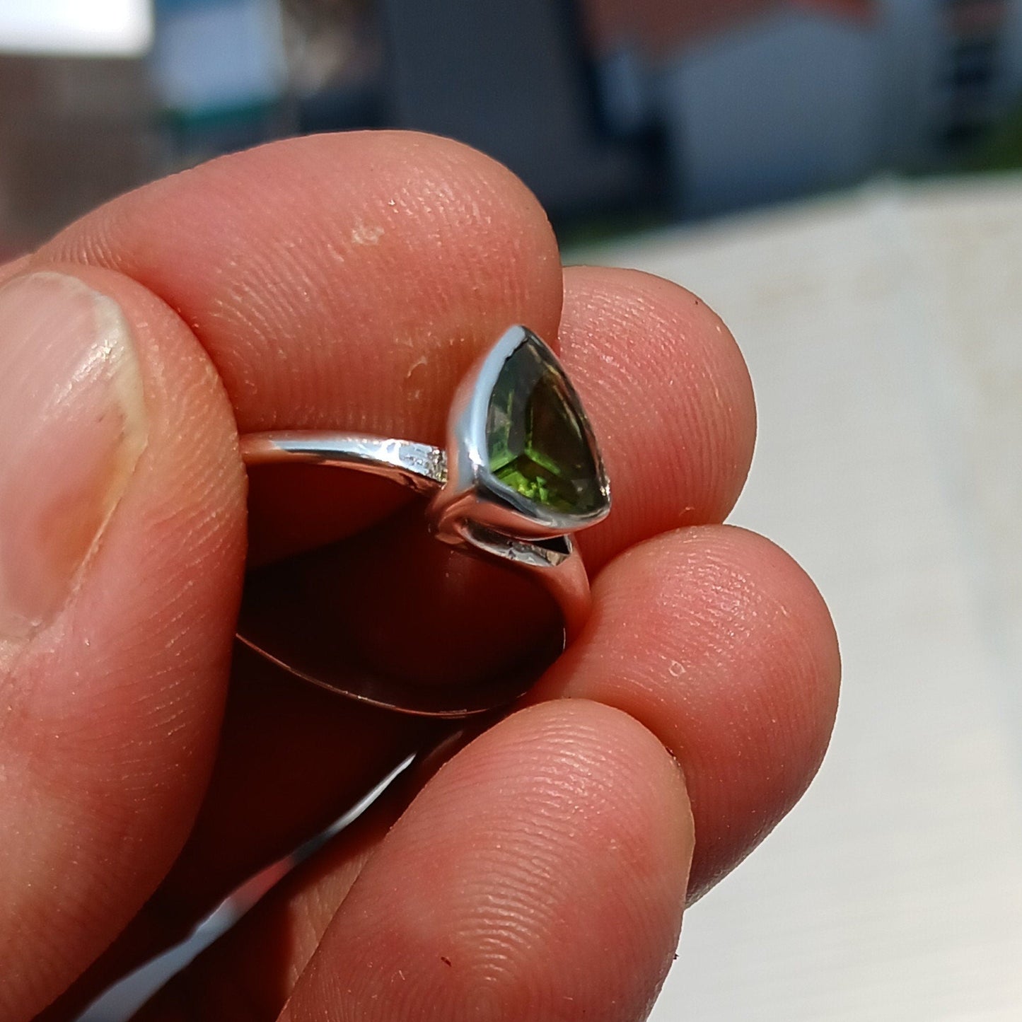 Peridot Ring, Sterling Silver Ring, Solitaire Ring, Trillion Cut,