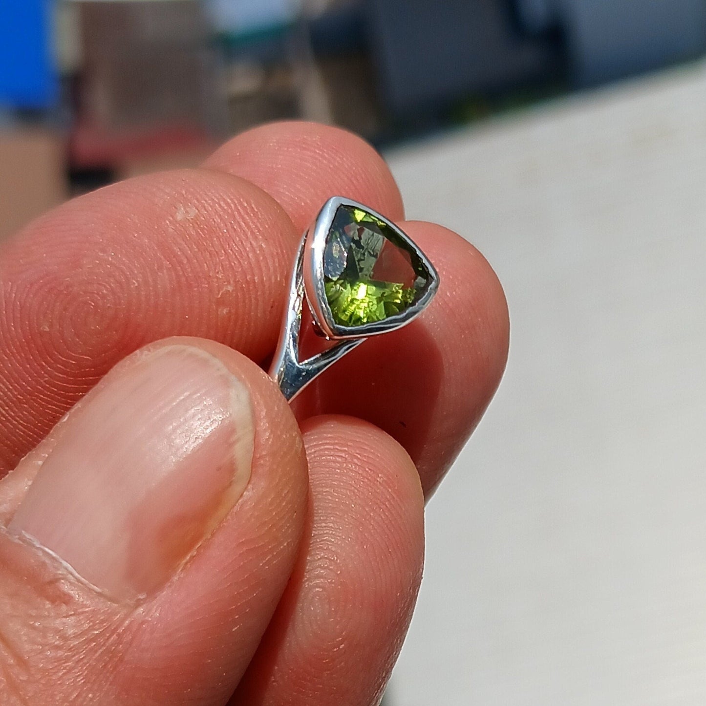 Peridot Ring, Sterling Silver Ring, Solitaire Ring, Trillion Cut,